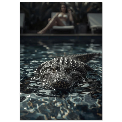 Alligator i mörk pool med kvinna i bakgrunden – filmisk fotoposter