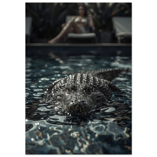 Alligator i mörk pool med kvinna i bakgrunden – filmisk fotoposter