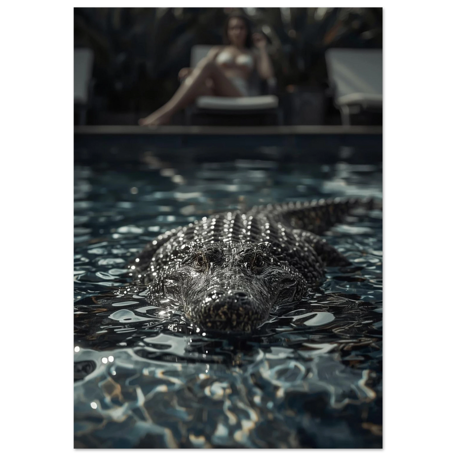 Alligator i mörk pool med kvinna i bakgrunden – filmisk fotoposter