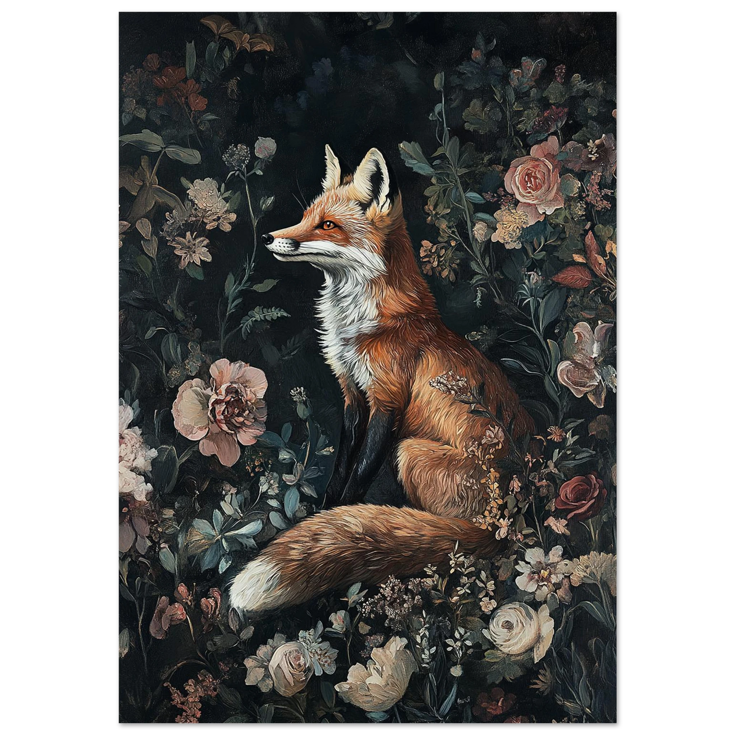 Rödräv i mörk blomsterträdgård – konstnärlig djurposter med oljemålningstextur