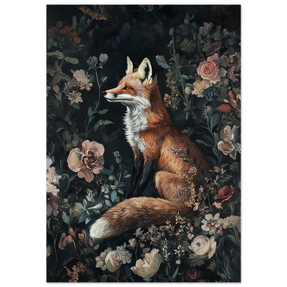 Rödräv i mörk blomsterträdgård – konstnärlig djurposter med oljemålningstextur