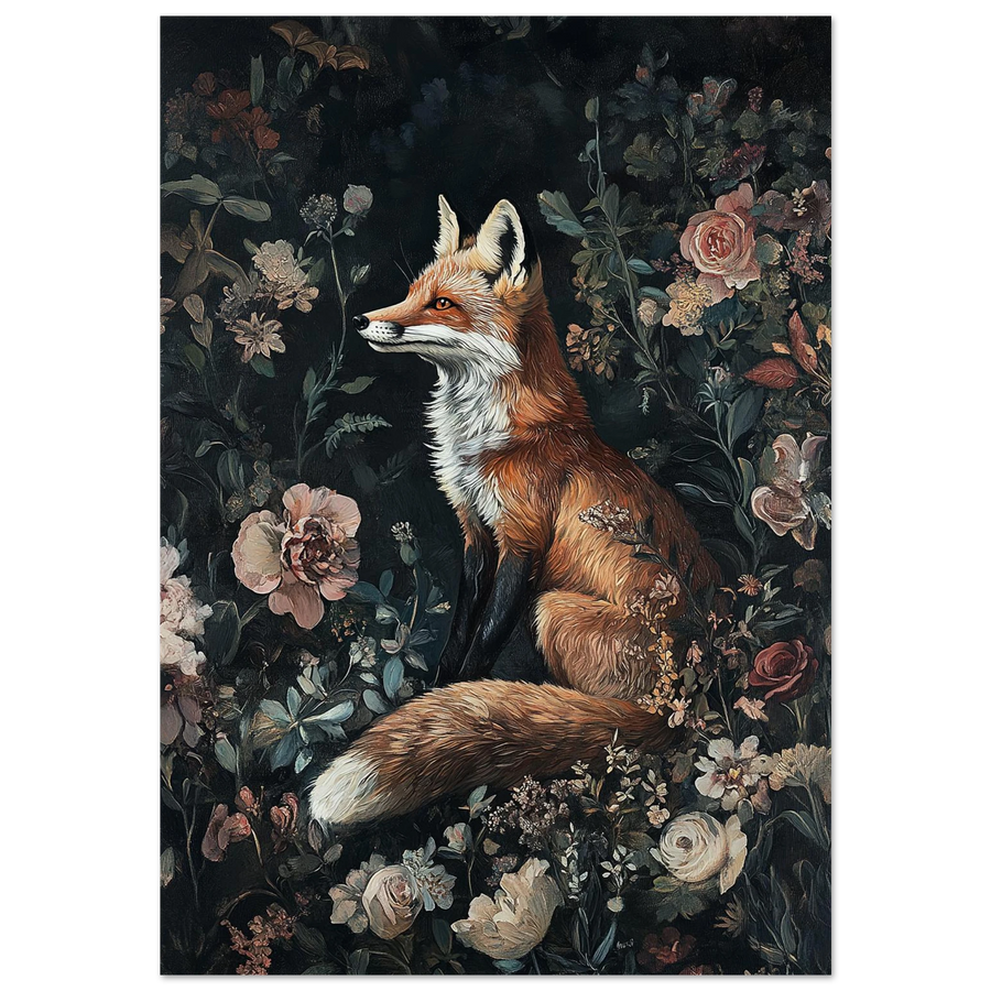 Rödräv i mörk blomsterträdgård – konstnärlig djurposter med oljemålningstextur
