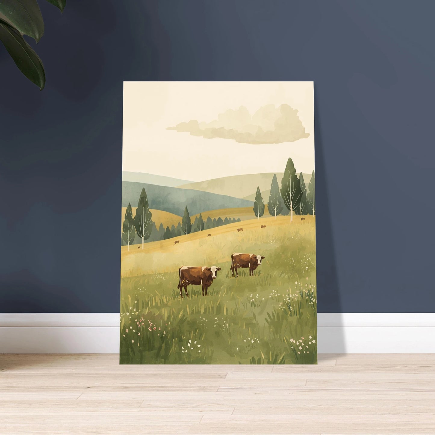 Kor på grönskande äng, vintage svensk landsbygd illustration