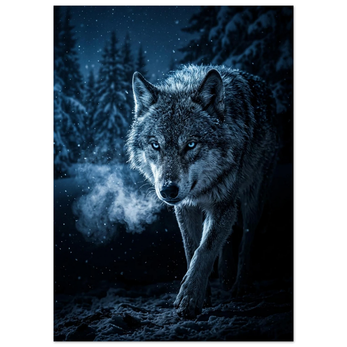 Närbild på varg med isblå ögon i vinternatt – digital fotokonst