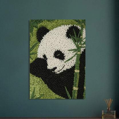 Broderad panda bland bambu, detaljerat djurmotiv med lugn stämning