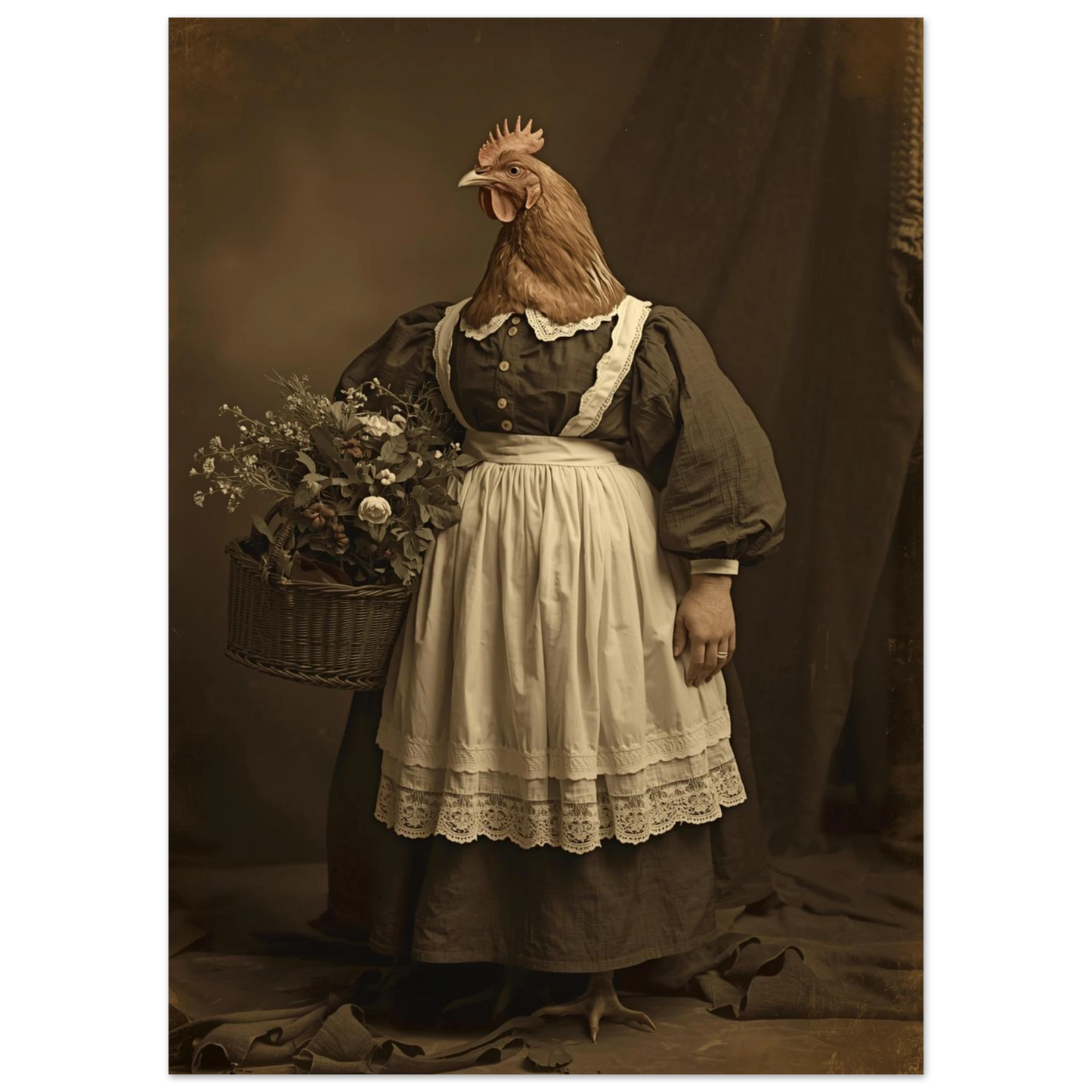 Nostalgiskt fotoporträtt av höna iklädd gammaldags tjänstefolkskläder och spetsdetaljer