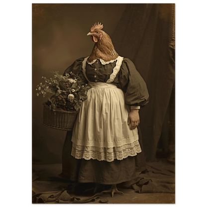 Nostalgiskt fotoporträtt av höna iklädd gammaldags tjänstefolkskläder och spetsdetaljer