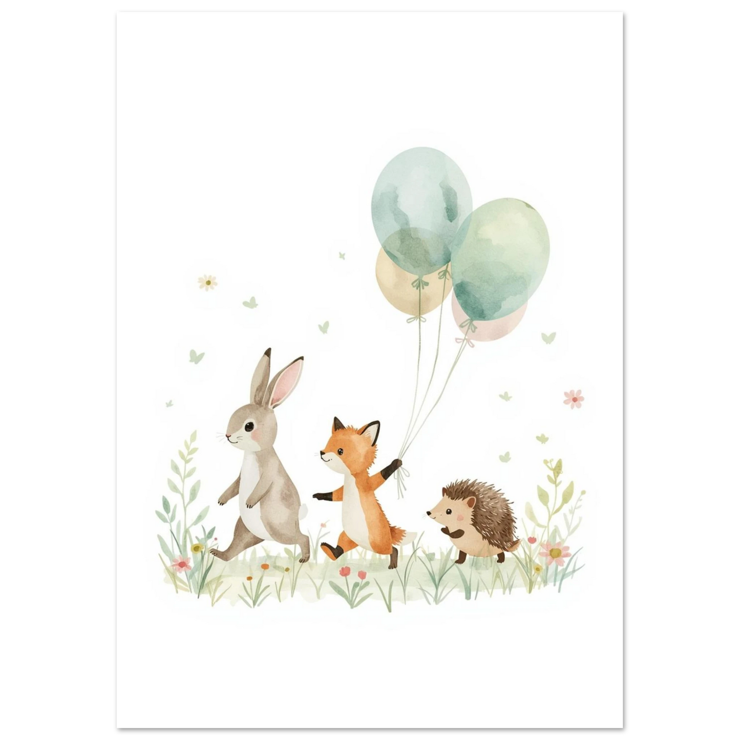 Illustration av en räv som håller i tre pastellfärgade ballonger