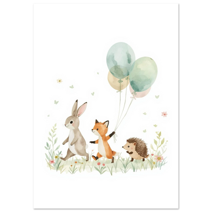 Illustration av en räv som håller i tre pastellfärgade ballonger