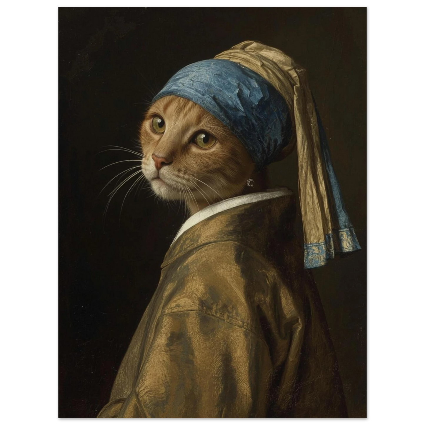 Närbild på kattens ansikte i ikonisk konstnärlig pose med pärlörhänge