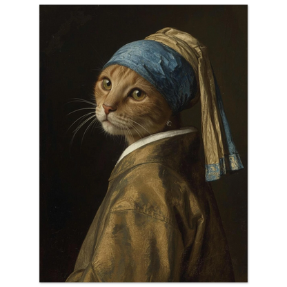 Närbild på kattens ansikte i ikonisk konstnärlig pose med pärlörhänge