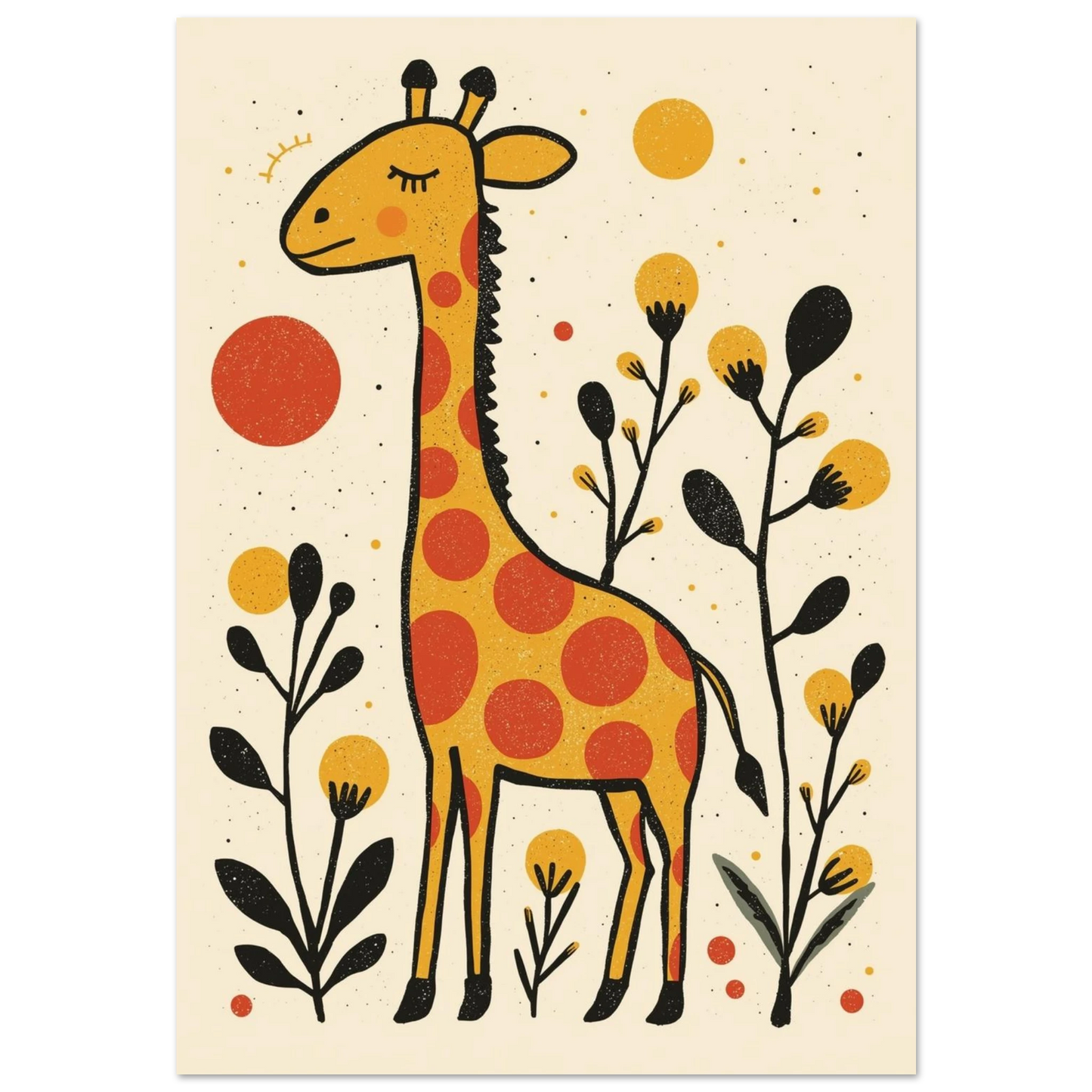 Gul giraff med röda prickar i naivistisk stil – retro djurposter