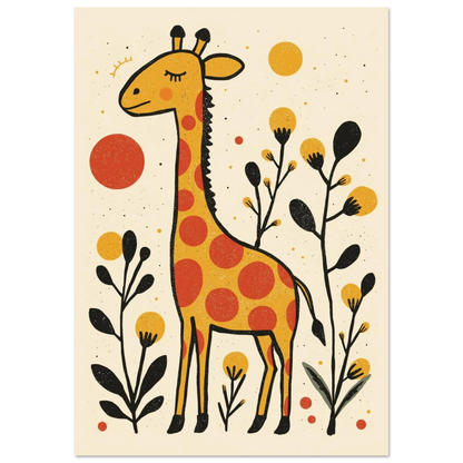 Gul giraff med röda prickar i naivistisk stil – retro djurposter