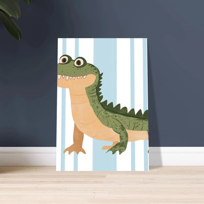 Lekfull krokodil med stort leende, barnvänlig illustration, glad stämning.