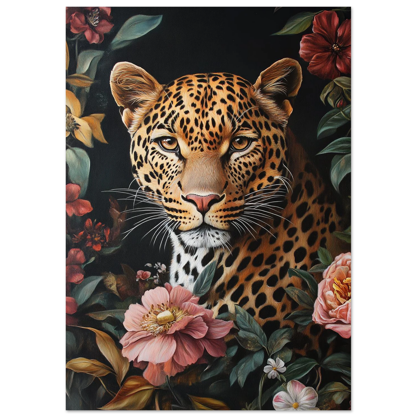 Ståtlig leopard gömd i ett botaniskt mönster av blommor, canvastryck