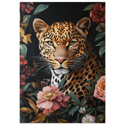 Ståtlig leopard gömd i ett botaniskt mönster av blommor, canvastryck