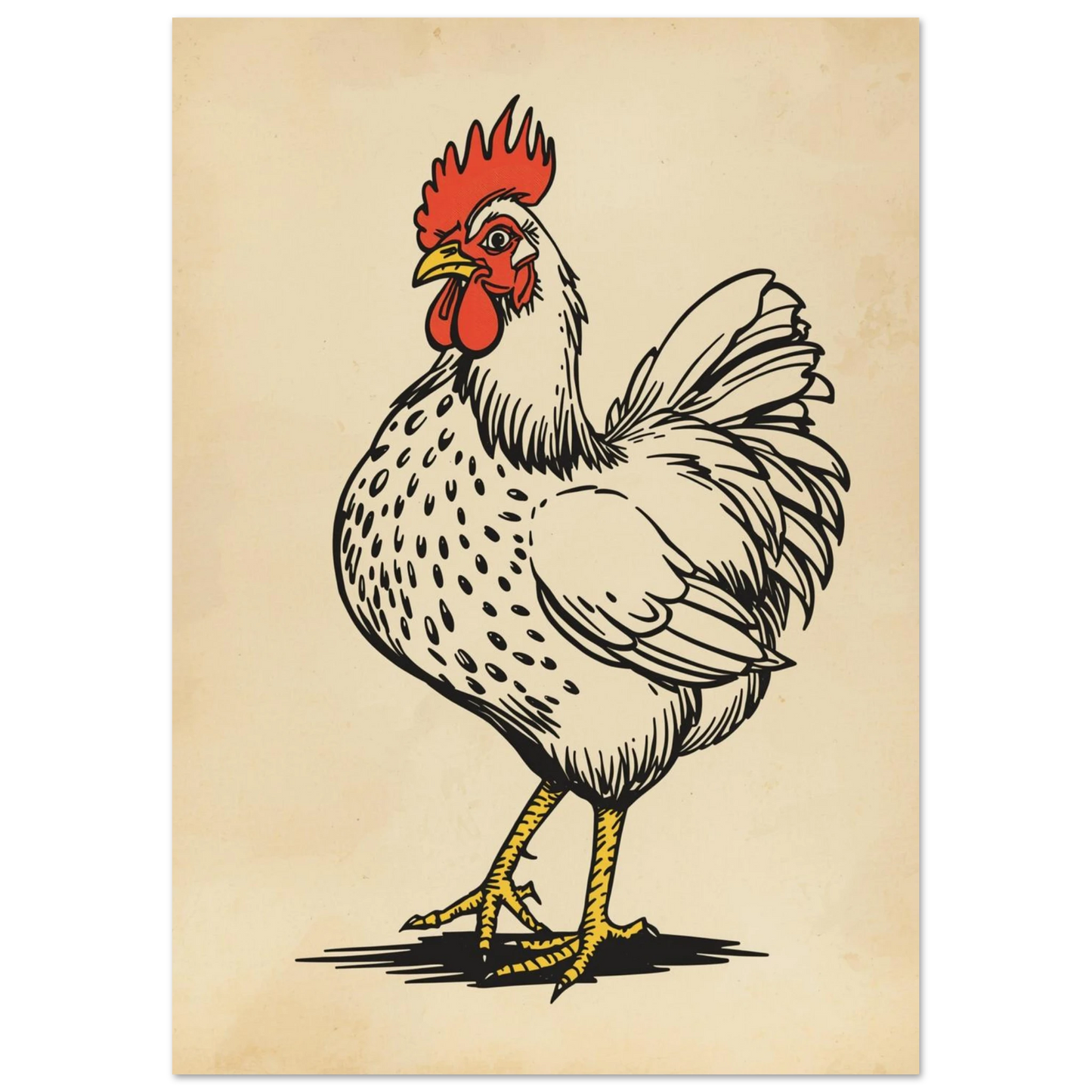 Vintageinspirerad djurposter föreställande en ståtlig vit tupp med röda detaljer