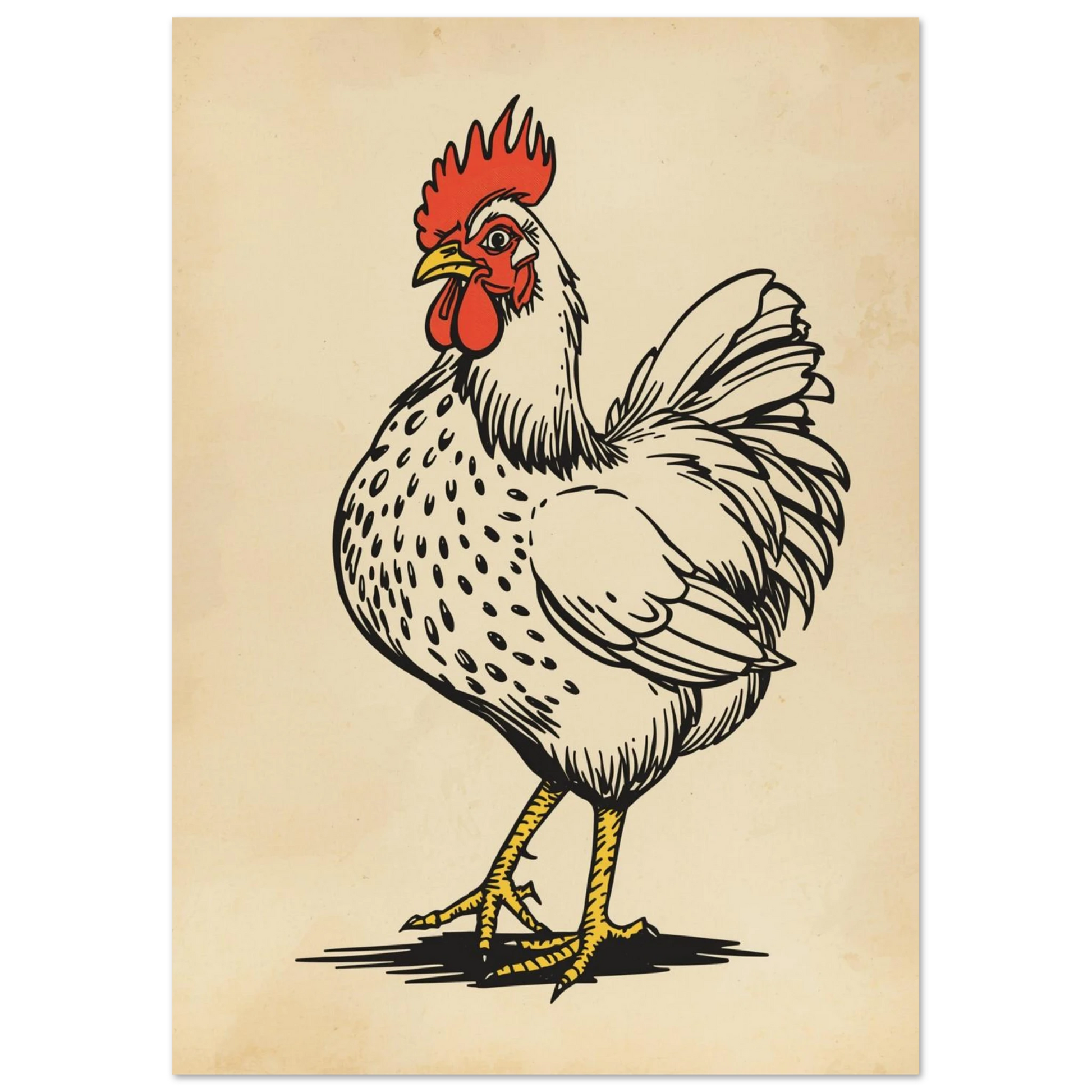 Vintageinspirerad djurposter föreställande en ståtlig vit tupp med röda detaljer