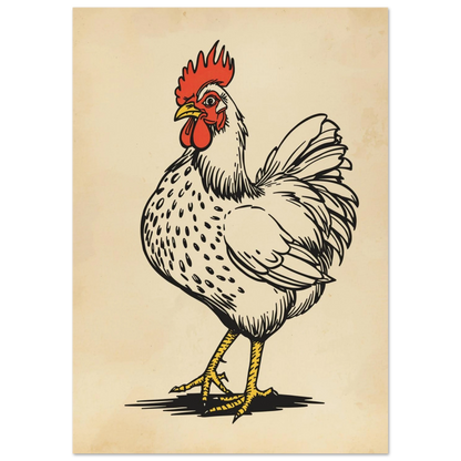 Vintageinspirerad djurposter föreställande en ståtlig vit tupp med röda detaljer