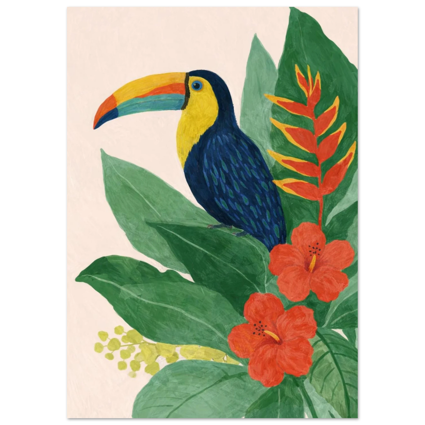 Närbild på illustrerad tukan i tropisk miljö på ljus bakgrund – Målad poster