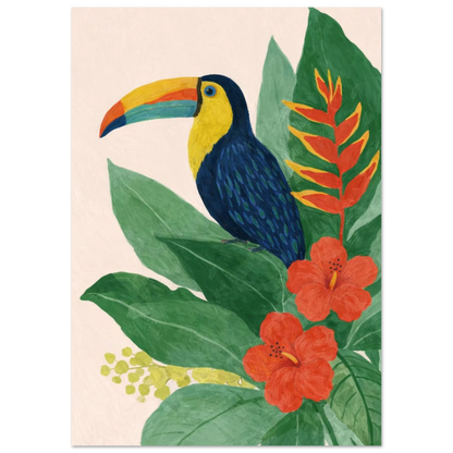 Närbild på illustrerad tukan i tropisk miljö på ljus bakgrund – Målad poster