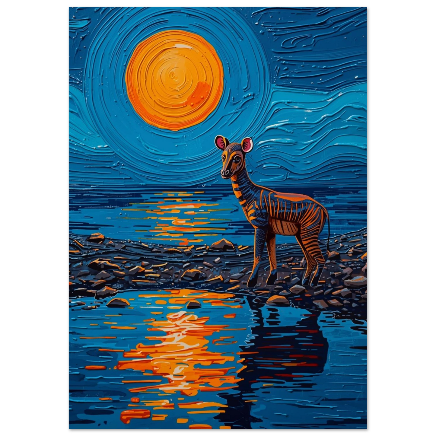 Texturrik djurposter föreställande en okapi reflekterad i stilla vatten