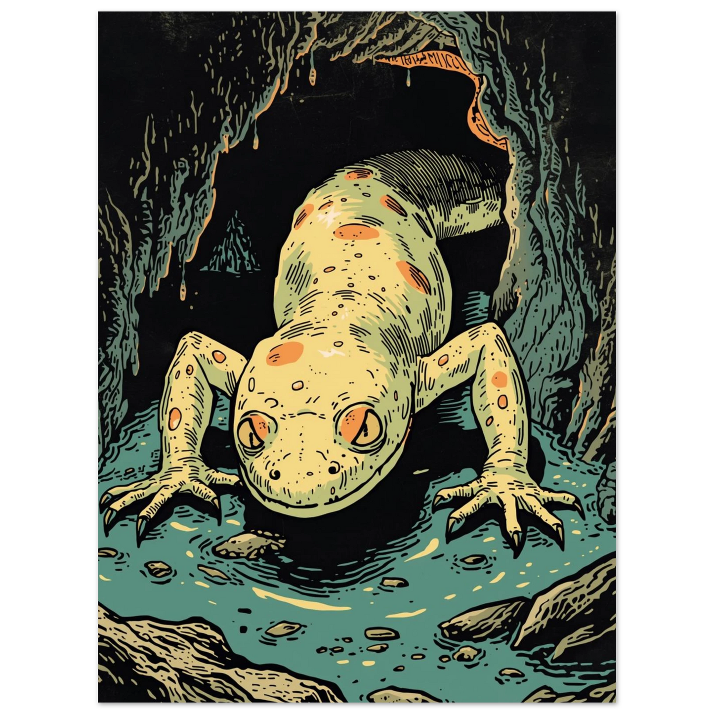 Närbild på en ljus salamander med orange fläckar i en fuktig bergsgrotta