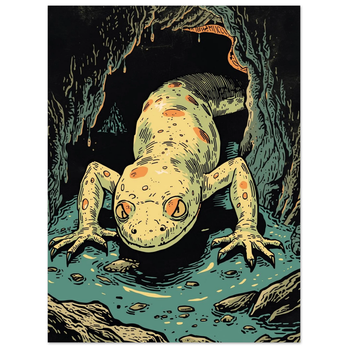 Närbild på en ljus salamander med orange fläckar i en fuktig bergsgrotta