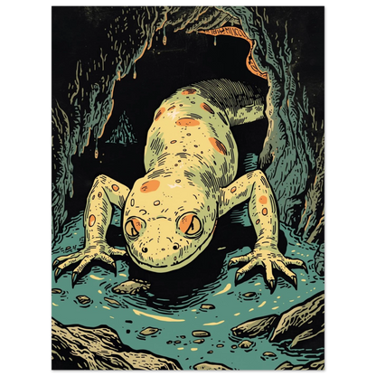 Närbild på en ljus salamander med orange fläckar i en fuktig bergsgrotta