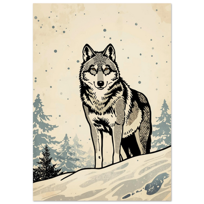 Grafisk illustration av en varg i snöfall med beige bakgrund