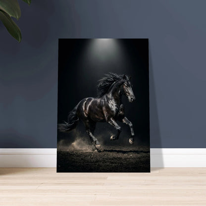 Svart häst i full galopp, manen flödar, dramatisk belysning, kraftfullt djurmotiv.