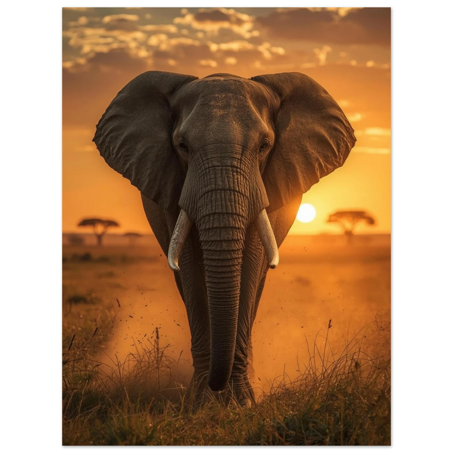 Ståtlig elefant i varmt orange ljus med savannens träd – fotokonst