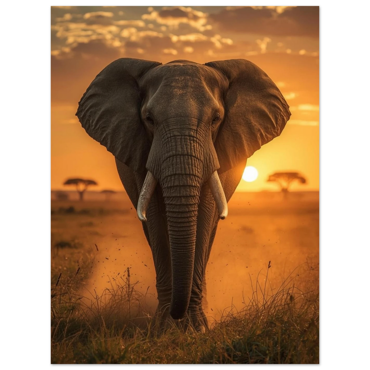 Ståtlig elefant i varmt orange ljus med savannens träd – fotokonst