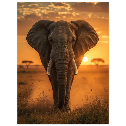 Ståtlig elefant i varmt orange ljus med savannens träd – fotokonst