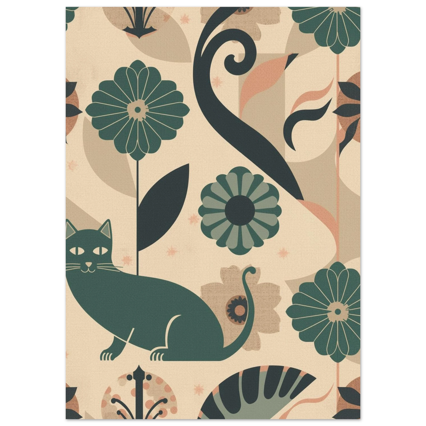 Stiliserad kattposter med geometriska blommor i dämpad grön och persika