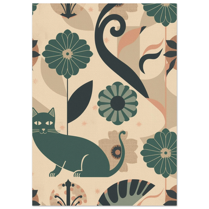 Stiliserad kattposter med geometriska blommor i dämpad grön och persika