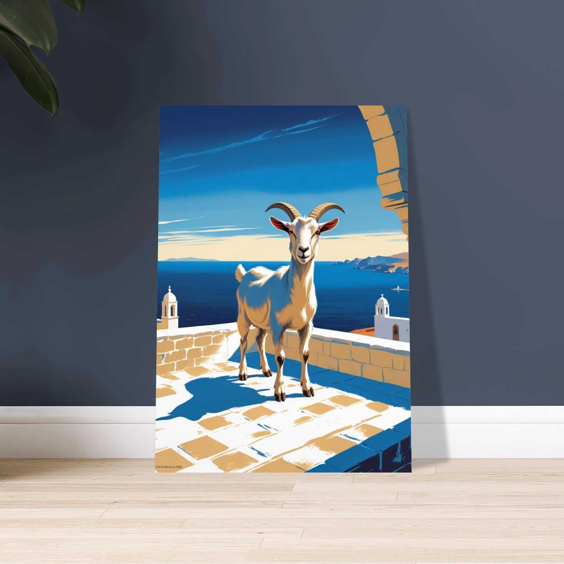 Vit get på terrass med Medelhavsutsikt, vintage reseposter illustration.