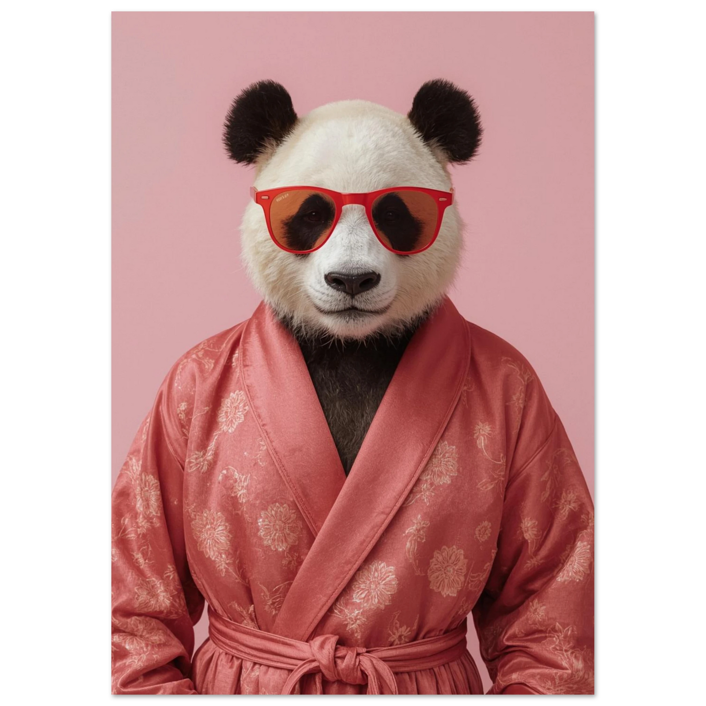 Cool jättepanda klädd i rosa kimono och trendiga glasögon – djurmotiv