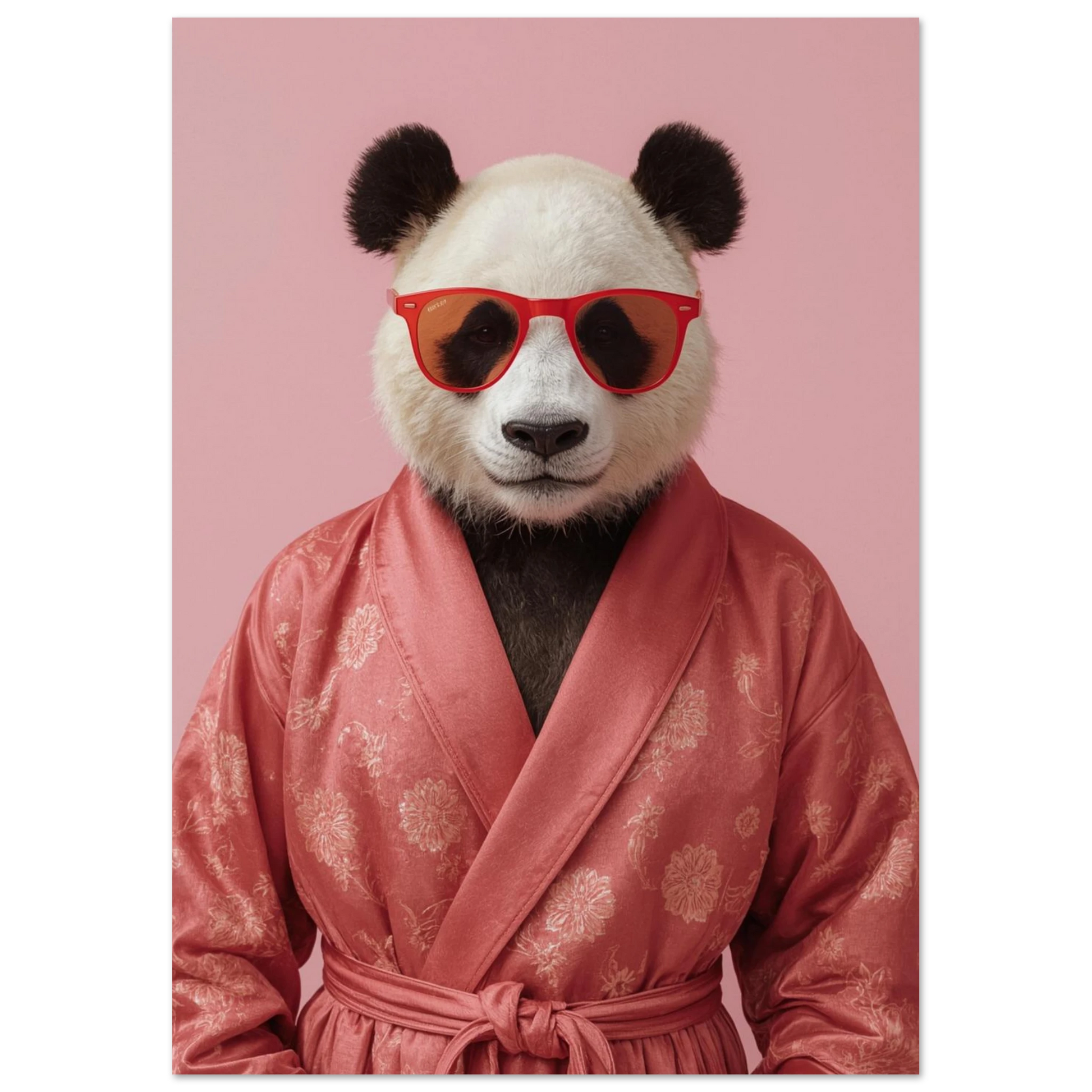 Cool jättepanda klädd i rosa kimono och trendiga glasögon – djurmotiv