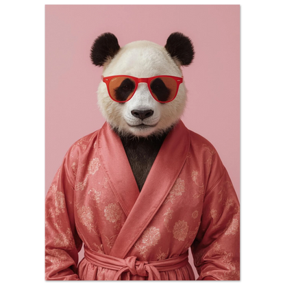Cool jättepanda klädd i rosa kimono och trendiga glasögon – djurmotiv