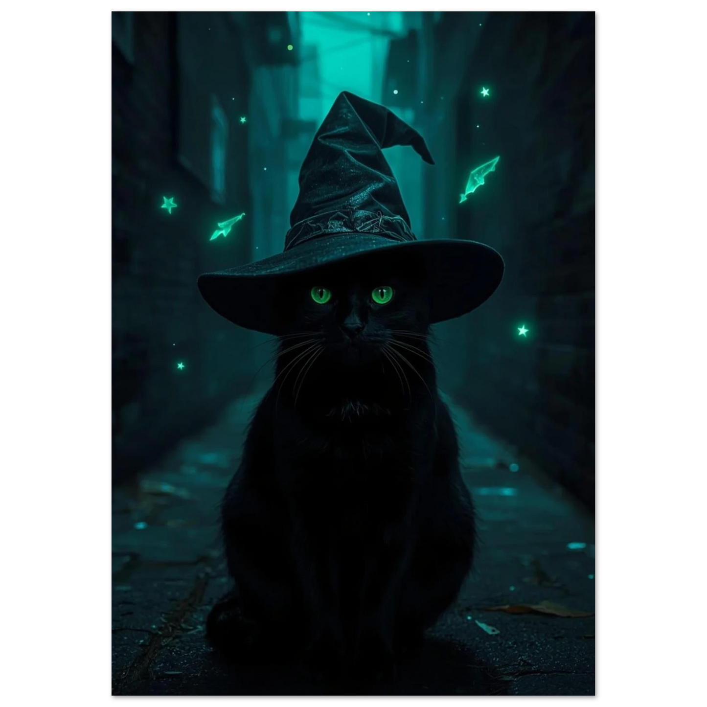 Förtrollad katt i spetsig hatt i en dunkel gränd, fantasykonst