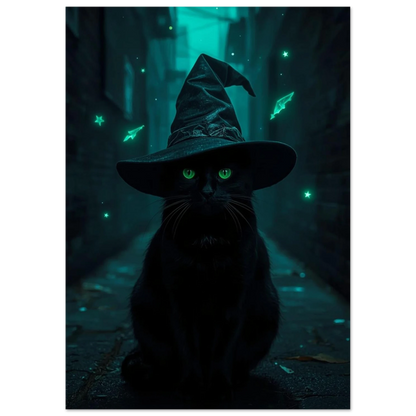 Förtrollad katt i spetsig hatt i en dunkel gränd, fantasykonst