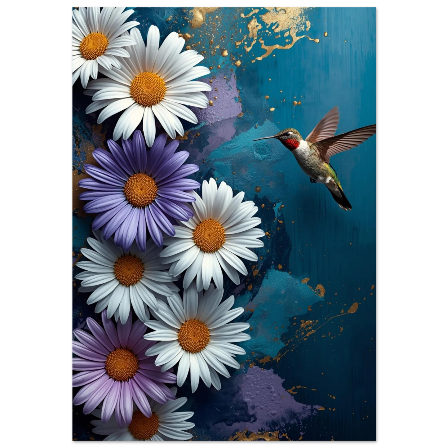 Kolibri svävande vid vita och lila blommor mot mörkblå bakgrund med guldstänk