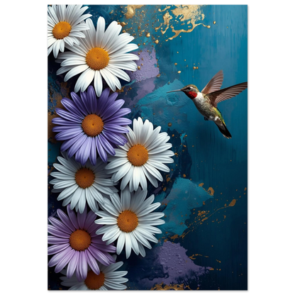 Kolibri svävande vid vita och lila blommor mot mörkblå bakgrund med guldstänk