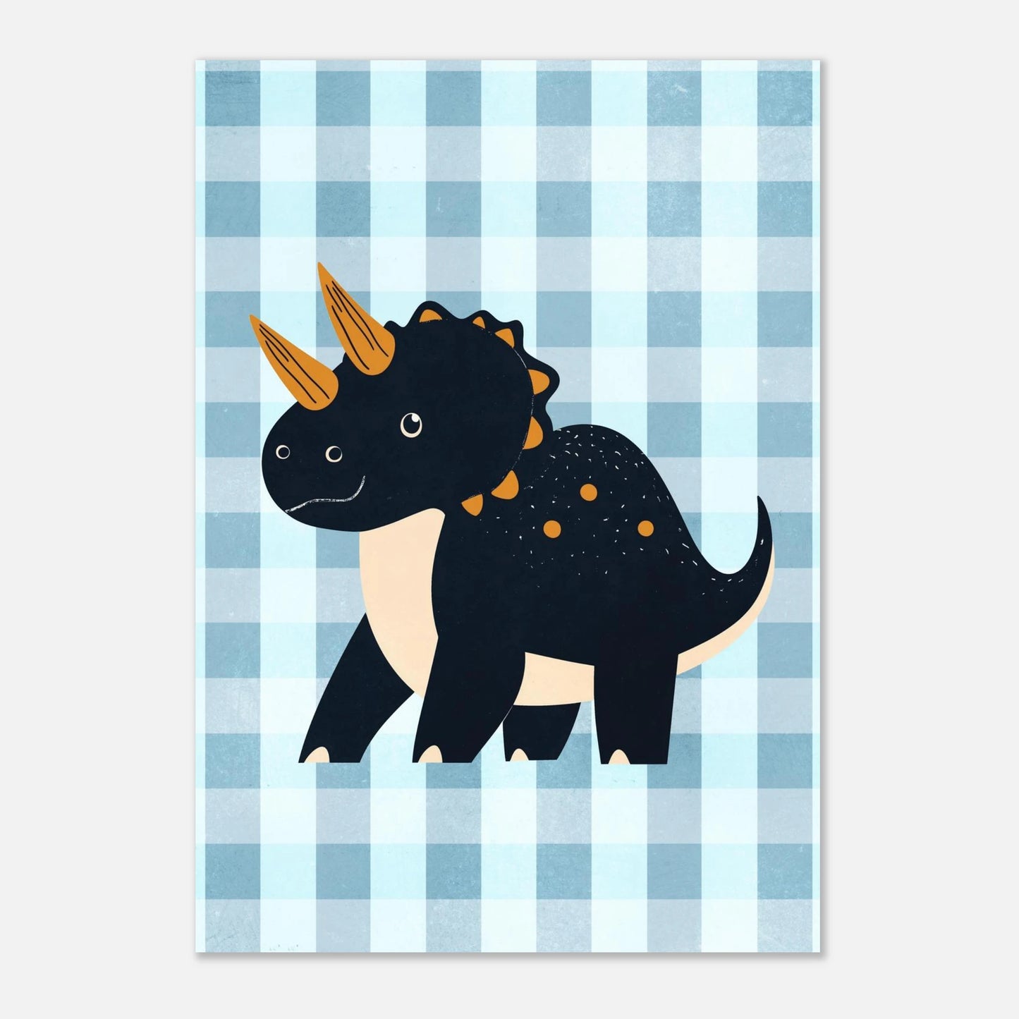 Lekfull triceratops på rutig bakgrund, charmigt dinosauriemotiv för barnrummet.