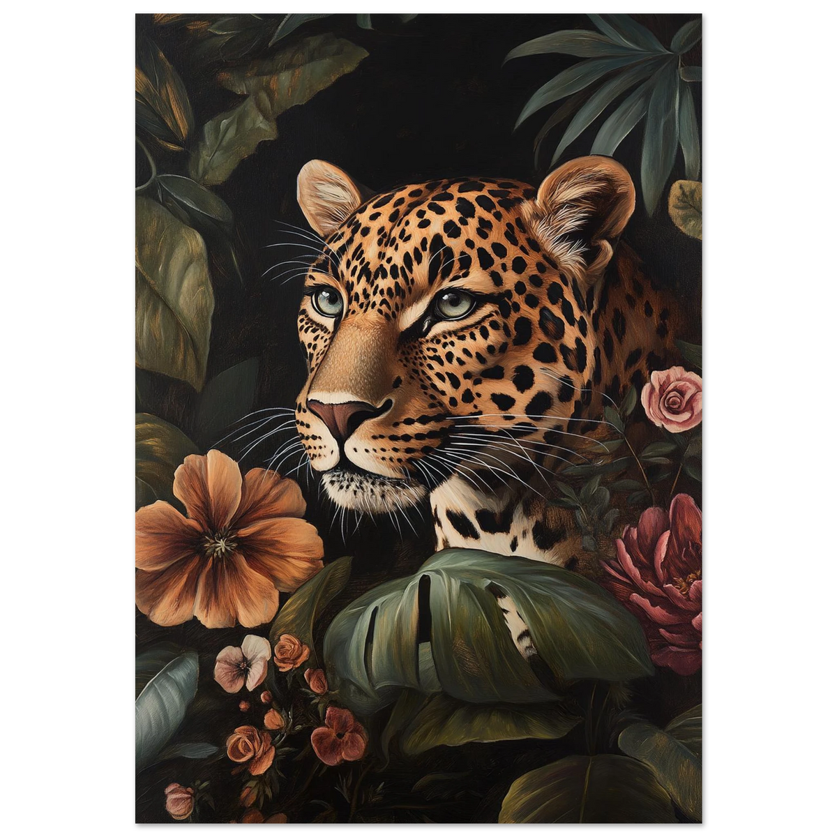 Leopard i mörk djungel med orange blommor – konstnärlig djurposter