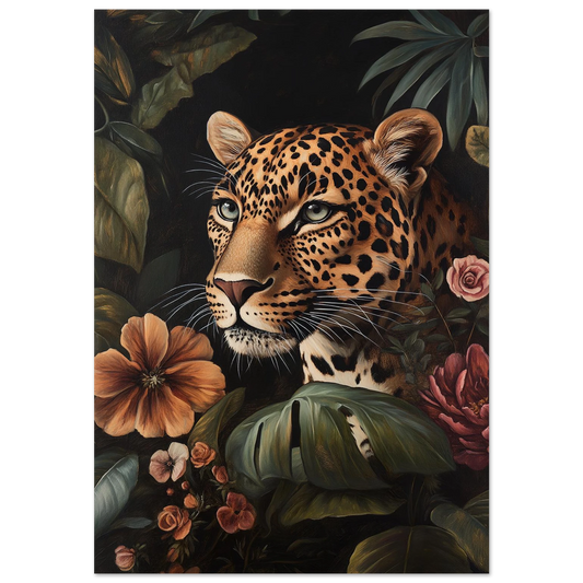 Leopard i mörk djungel med orange blommor – konstnärlig djurposter