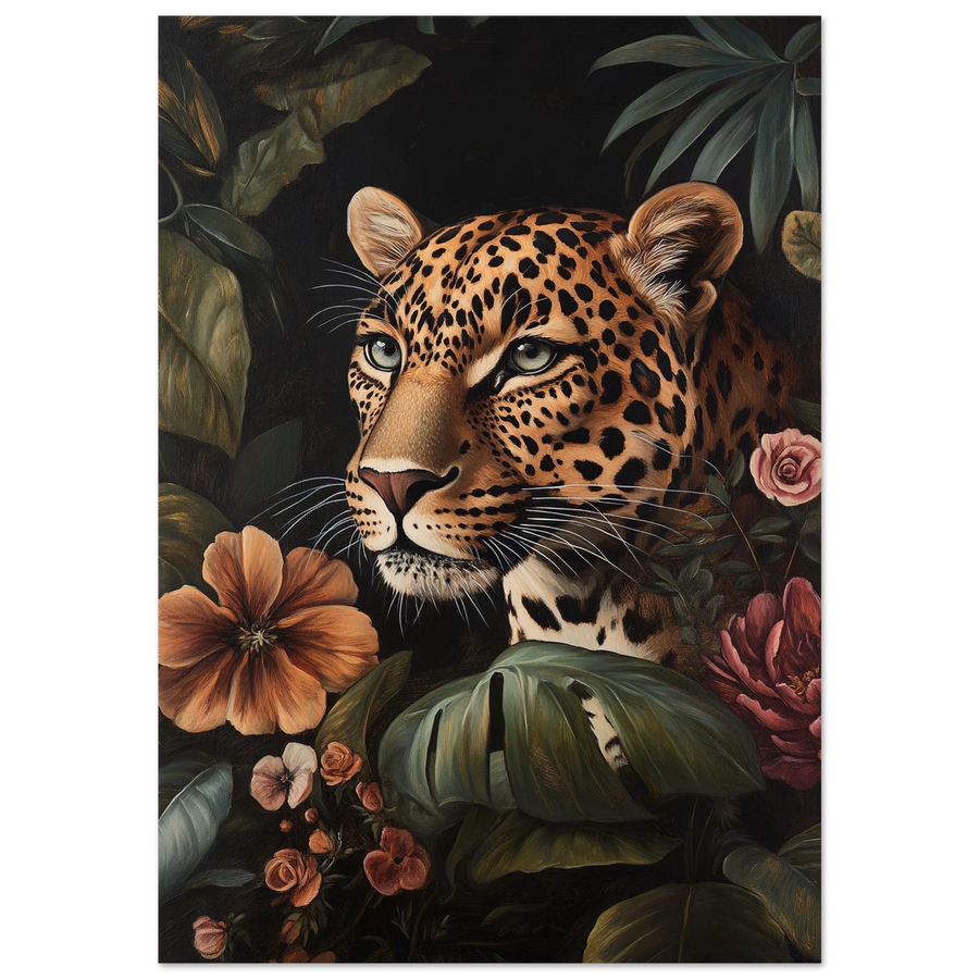 Leopard i mörk djungel med orange blommor – konstnärlig djurposter