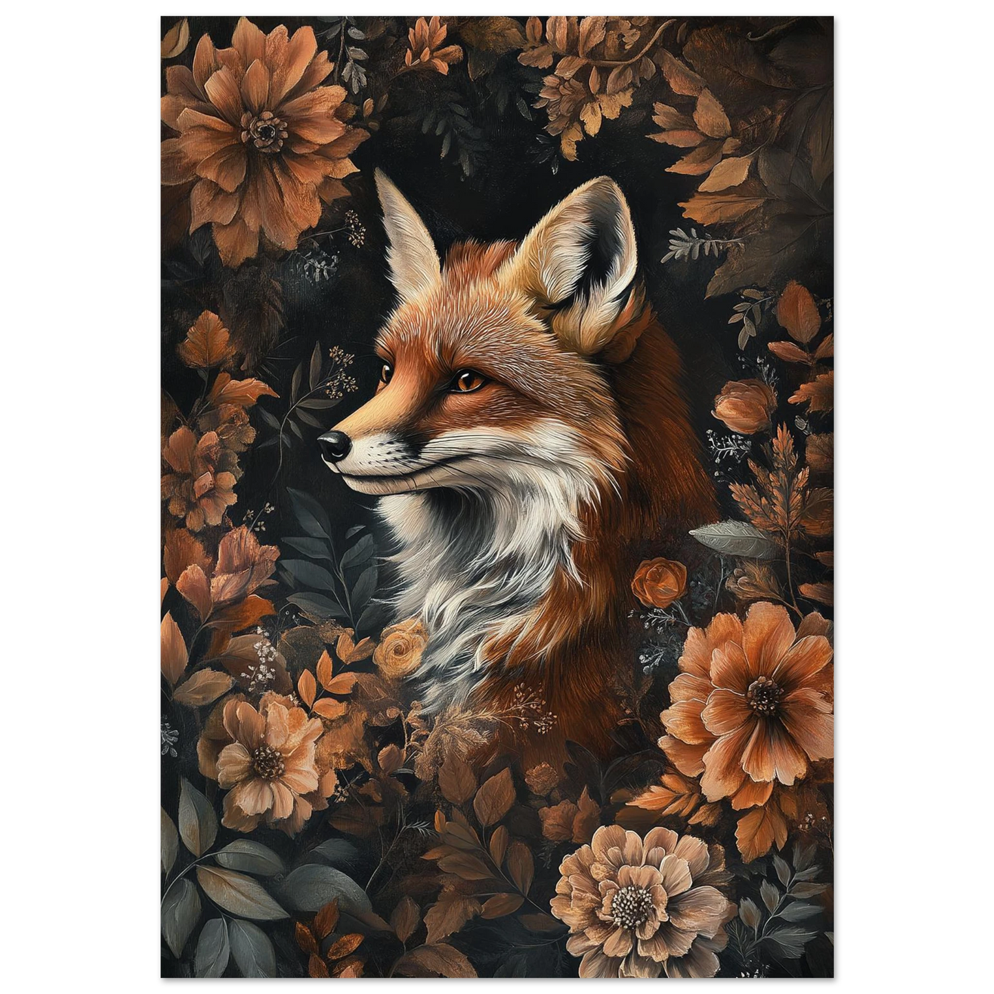 Detaljrik illustration av en räv omgiven av bruna höstblommor mot svart bakgrund