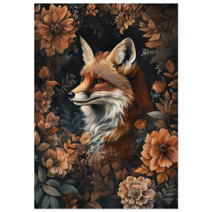 Detaljrik illustration av en räv omgiven av bruna höstblommor mot svart bakgrund